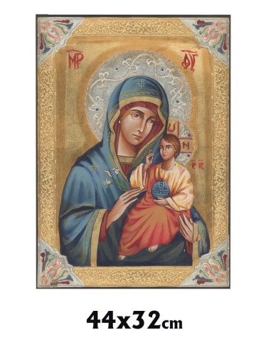 Icono Madera Pintado A Mano Con Cristal Virgen Con Niño 44x32cm