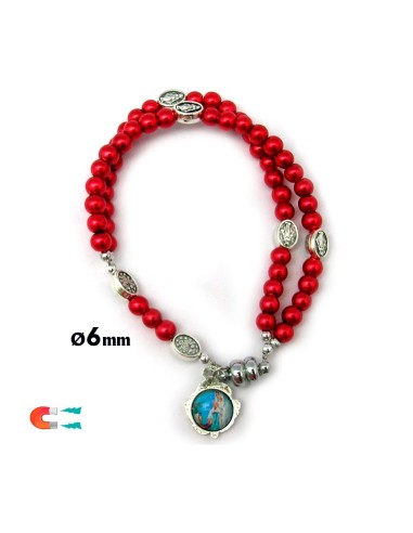 Pulsera Rosario Cristal Liso Rojo 5mm Paters Medalla Milagrosa Cierre Magnetico