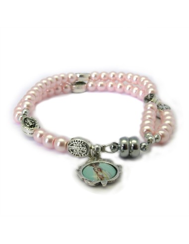 Pulsera Rosario Cristal Liso Rosa 5mm Paters Medalla Milagrosa Cierre Magnetico