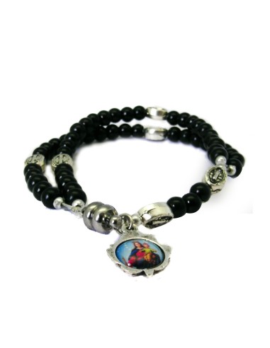 Pulsera Rosario Cristal Liso Negro 5mm Paters Medalla Milagrosa Cierre Magnetico