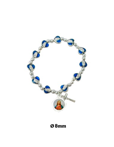 Pulsera Elastica Plateada Cuentas Corazones Con Virgen En Azul Personalizable