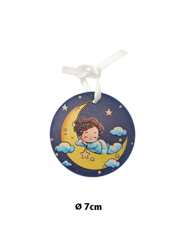 Medalla Cuna Redonda Resina 7cm Nizzzzzo Dormido con Luna de Noche Con Cajita
