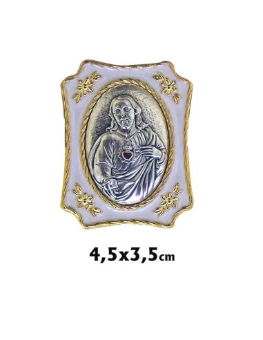 Placa Metal Dorada 4. 5x3. 5cm Corazon De Jesus En Relieve Con Esmalte Blanco