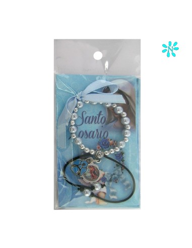 Pulsera Elastica Santo Rosario Bola 6 MM Con Lazo Azul Y Angelito