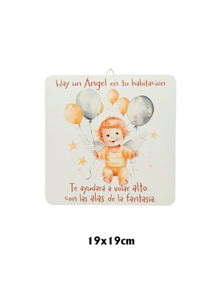 Cuadro Infantil Angelito Con Globos 19X19cm Blanco Acabado Relieve Y Caja