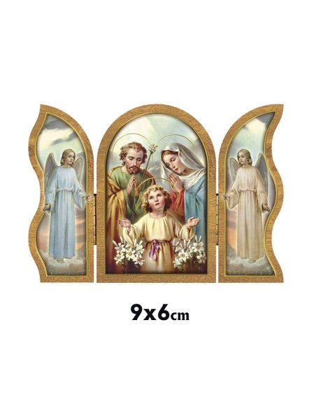 Icono Triptico Madera Sagrada Familia 9X6cm Adornos Oro Brillo Y Puertas Con Altar