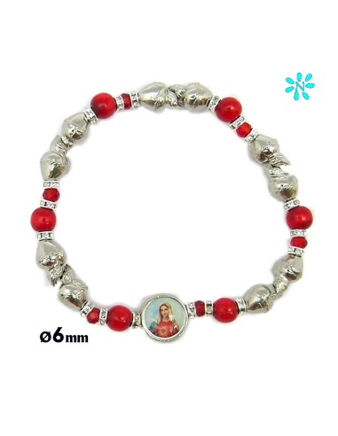 Pulsera Elastica Corazones Plateados Bola 6 MM Roja FIN