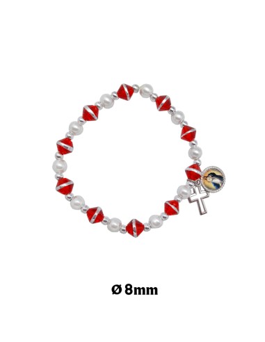 Pulsera Elastica Cristal Rojo Con Raya Plateada 8mm Y Perlas
