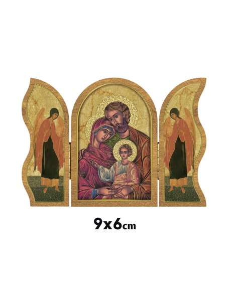 Icono Triptico Madera Sagrada Familia Clasica 9X6cm Oro Brillo Estilo Bizantino