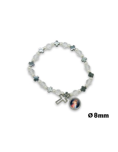 Pulsera Elastica Bola Cristal Transparente 6 MM Con Cruces Hematite