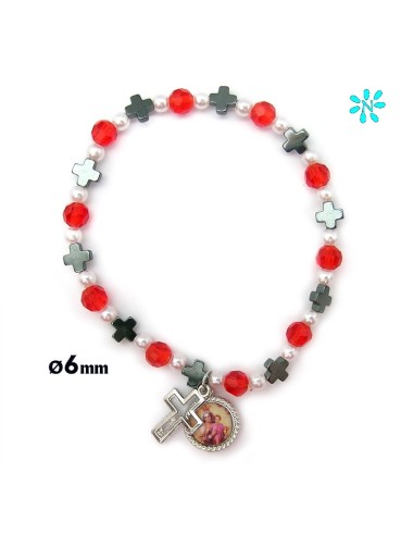 Pulsera Elastica Cristal Rojo Con Raya Plateada 8mm Y Perlas