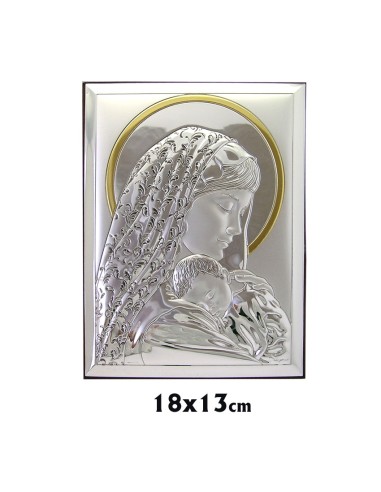 Icono Plata Rectangular Virgen Con Niño Velo De Flores 13x18 CM