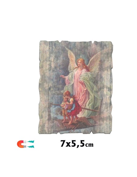 Tabla Madera 7X5. 5 Cm Angel De La Guarda Magnetico Y Con Soporte Trasero