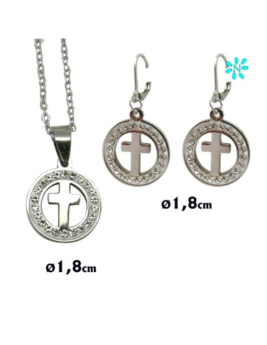 Juego Colgante Redondo 1. 5cm Y Pendientes Acero Disco Zirconitas Y Cruz Interna