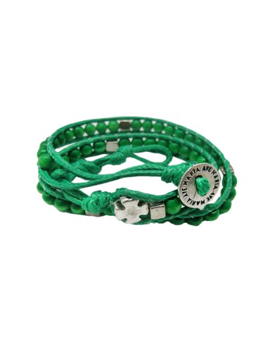 Pulsera Rosario Madera Verde Bola Cubo 5mm Doble Vuelta Bot?n Ave Maria Y Cruz