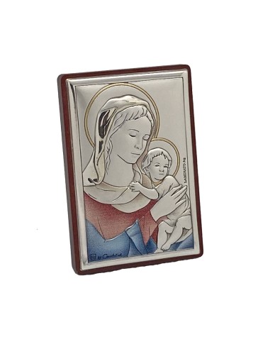 Icono Plata Virgen Con Niño En Brazos 6x4cm Decorado A Color Con Dorados