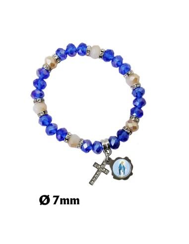 Pulsera Elastica Strass Azul Y Blanca Cuentas Hexagonales Con Cruz