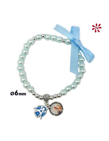 Pulsera Perlas Celestes 6mm Primera Comunion Con Lazo Y Angel Esmaltado