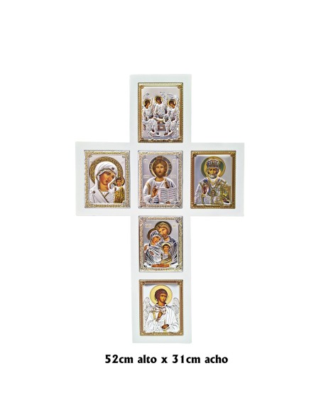 Icono Plata Crucifijo Con Escenas Doradas 52 X 31Cm Madera Blanca