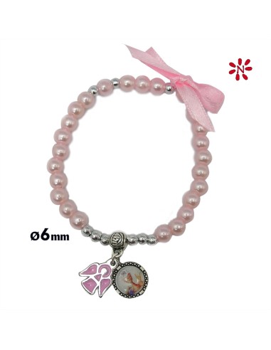 Pulsera Perlas Rosas 6mm Primera Comunion Con Lazo Y Angel Esmaltado