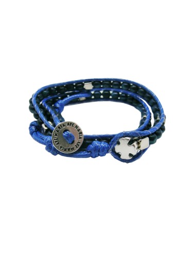Pulsera Rosario Madera Azul Bola Cubo 5mm Doble Vuelta Bot?n Ave Maria Y Cruz
