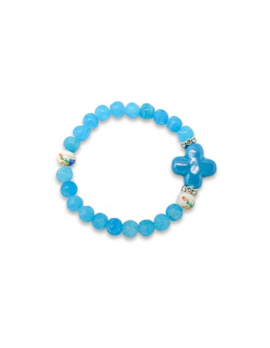 Pulsera Elastica Cristal Azul 8mm Con Cruz Y Dos Bolas Ceramica Para Personalizar