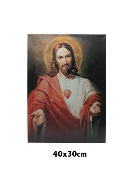 Cuadro Tela Estampada 40X30cm Corazon De Jesús Brazos Abierto Fondo Verde
