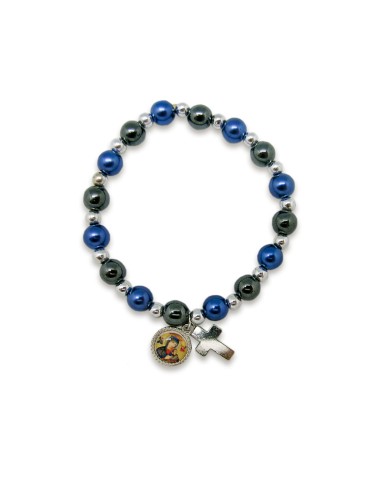 Pulsera Elastica Ematite Y Azul 8mm Con Medalla Y Cruz