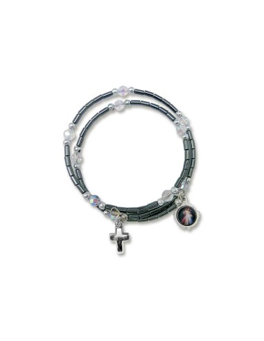 Brazalete Rigido Negros Dos Vueltas Cristal Trasparente Con Cruz