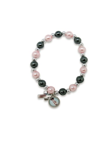 Pulsera Elastica Ematite Y Rosa 8mm Con Medalla Y Cruz