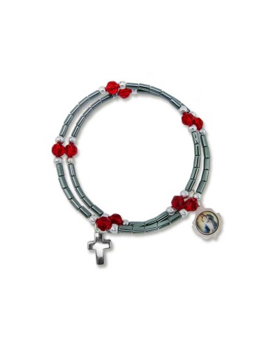 Brazalete Rigido Negros Dos Vueltas Cristal Rojo Con Cruz