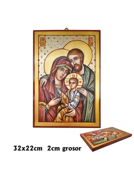 Icono Madera Pintado A Mano Sagrada Familia 32X22cm Niño Sentado Fondo Gris Grabado Estrellas
