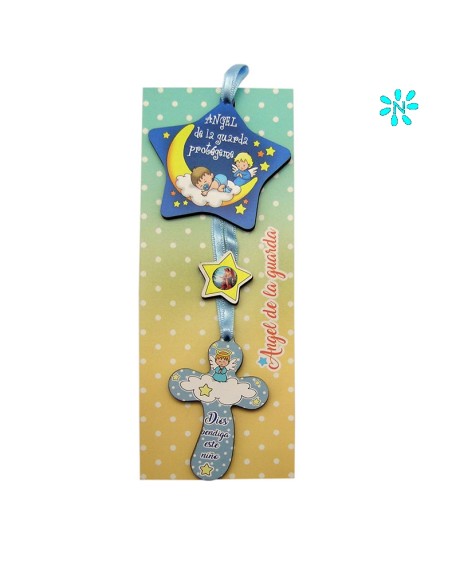 Medalla Cuna Estrella Angel De La Guarda Azul Con Cruz Personalizable