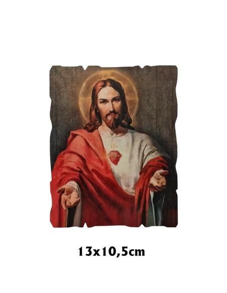 Tabla Madera 13.5x10.5cm Corazon De Jesús Brazos Abiertos Fondo Verde Emaus