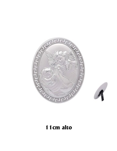 Icono Oval Plata Laminada Sobre Porcelana Blanca Angel con Candil 12x9 cm