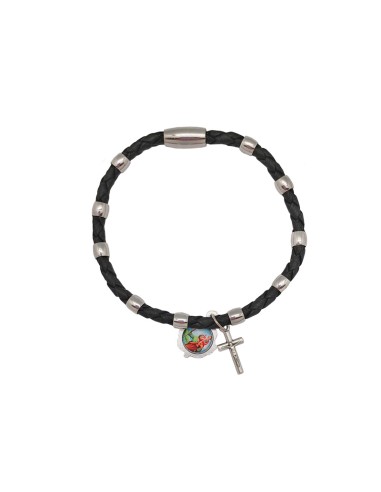 Pulsera Cuero Trenzado Negro Con Adornos Metal Y Cierre Magnetico