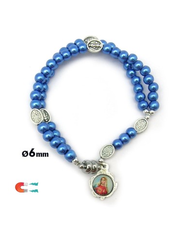 Pulsera Rosario Cristal Liso Azul 5mm Paters Medalla Milagrosa Cierre Magnetico