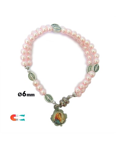 Pulsera Rosario Cristal Liso Rosa 5mm Paters Medalla Milagrosa Cierre Magnetico