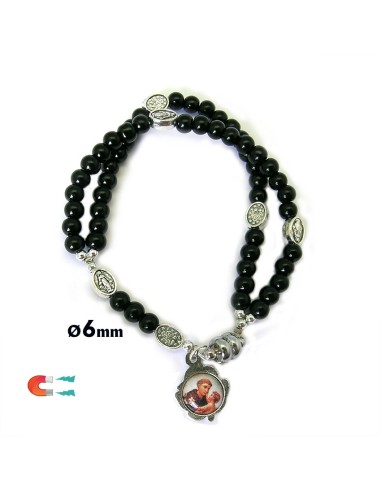 Pulsera Rosario Cristal Liso Negro 5mm Paters Medalla Milagrosa Cierre Magnetico