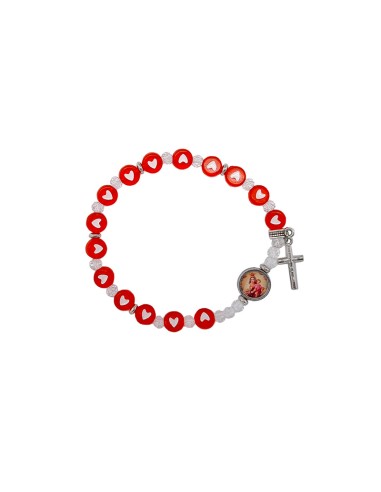 Pulsera Elastica Plastico 7mm Roja Con Corazones Blancos Y Cristal Mini