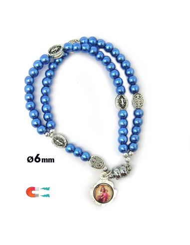 Pulsera Rosario Cristal Liso Azul 5mm Paters Medalla San Benito Cierre Magnetico