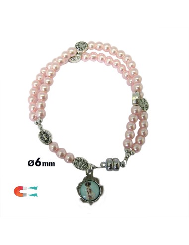 Pulsera Rosario Cristal Liso Rosa 5mm Paters Medalla San Benito Cierre Magnetico