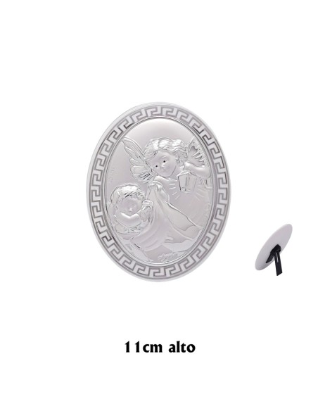 Icono Oval Plata Laminada Sobre Porcelana Blanca Angel Con Candil 12X9 Cm
