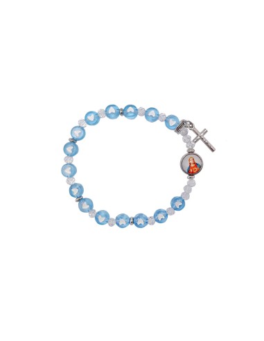Pulsera Elastica Plastico 7mm Celeste Con Corazones Blancos Y Cristal Mini