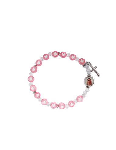 Pulsera Elastica Plastico 7mm Rosa Con Corazones Blancos Y Cristal Mini