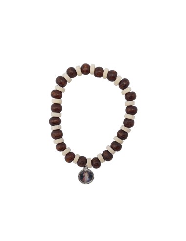 Pulsera Madera Oscuro Elastica 8mm Con Discos Blancos Alternos