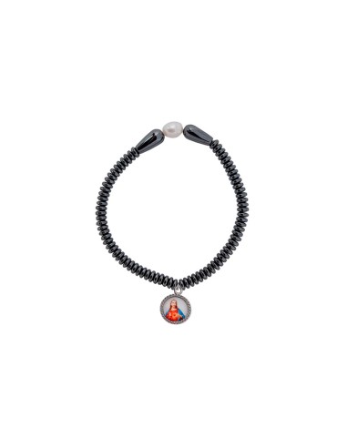 Pulsera Madera Clara Oval Elastica 8mm Con Discos Blancos Alternos
