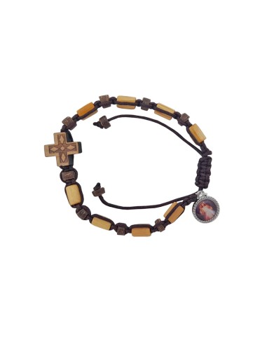 Pulsera Cuerda Madera Clara 6mm Tubos Alargados Y Cruz Grabada