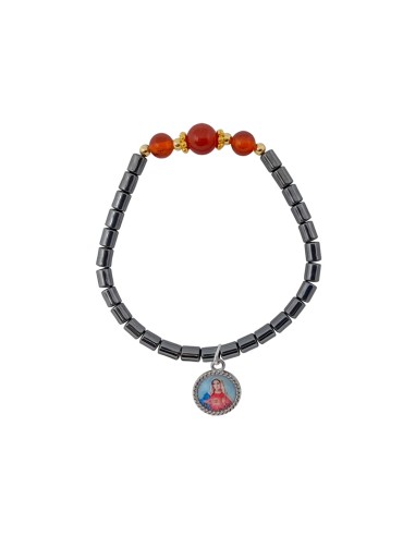 Pulsera Elastica Hematite Tubos 6x4mm Con 3 Bolas Cornalina Y Adornos Dorados