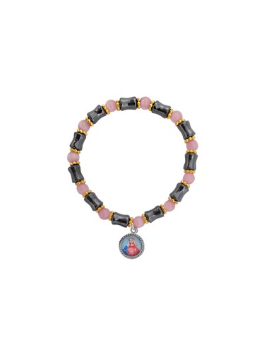 Pulsera Elastica Hematite Tubo Alternado Con Rosa 5mm Y Discos Dorados